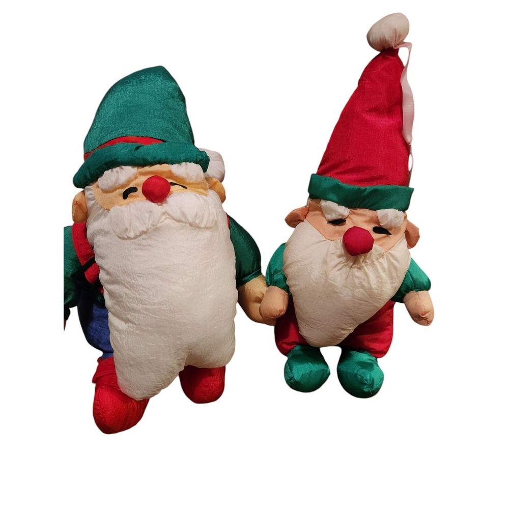 (2) Vintage Department 56 Christmas Santa Elf Suspenders Nylon‎ Plush Puffalump